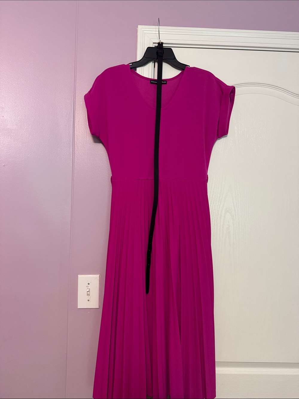 Women’s Fuchsia Pleated Midi Dress belted.